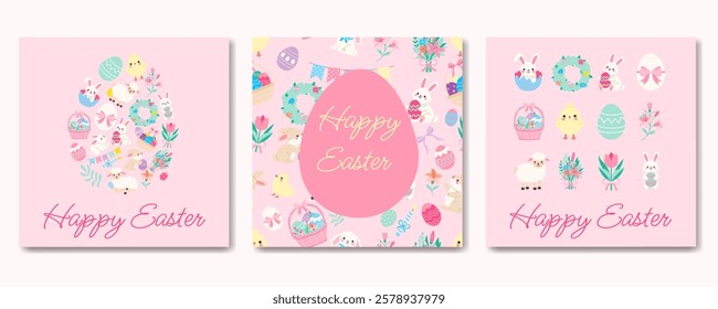 A set of three Easter cards with a pink background and a white border. The cards feature various Easter-themed images, including rabbits, eggs, and flowers