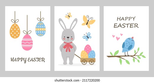 Set of three Easter cards. Rabbit and Easter eggs. For greeting card, invitation,poster and flyer.