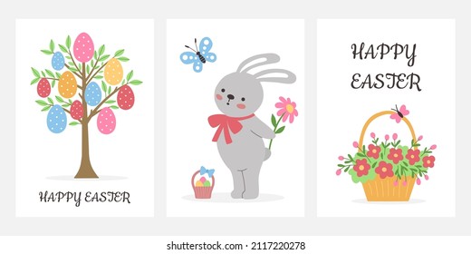 Set of three Easter cards. Rabbit and Easter eggs. For greeting card, invitation,poster and flyer.