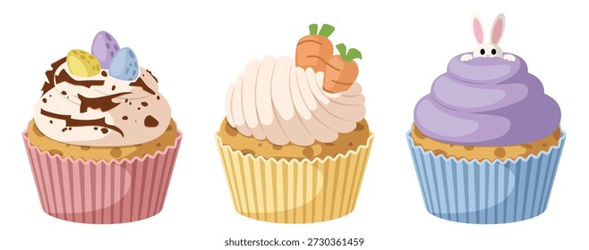Conjunto de tres cupcakes de Pascua con forros de pastel con conejito, huevos de chocolate y zanahorias aderezados Ilustración vectorial plana