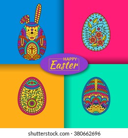 Set of three Easter eggs and white easter rabbit. Modern material background at the back. Vector illustration.