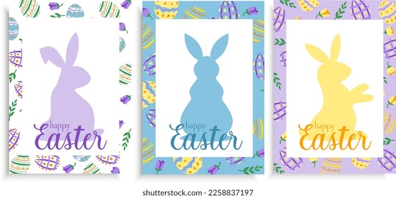 Set of three Easter greeting cards with bunnies and pattern flat style pastel coloured