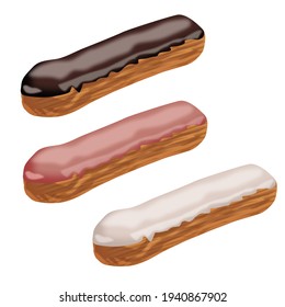 Set of three eclairs with pink and white chocolate cream