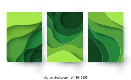 Set of three eco abstract green paper cut banners. Vector ecological backgrounds with 3d layered paper cut. Ecology design concept for business posters, presentations, flyers, invitations.