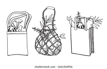 Set with three eco bags, fabric and paper with food. Hand drawn outline vector sketch illustration