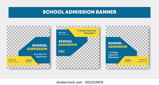 Set of three editable school admission minimal square banner template with blue and yellow color background. Students admission for social media post or web advertising. Vector illustration