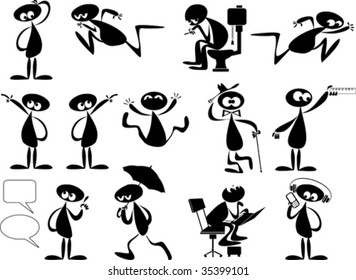 Set of three editable vector foreground silhouettes with all figures and other elements as separate movable objects;