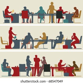 Set of three editable vector foreground silhouettes of colorful business meetings