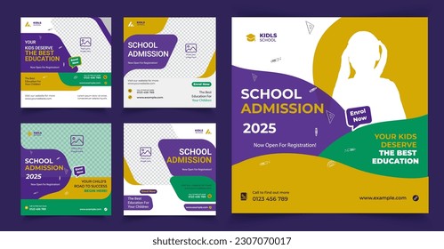 Set Of Three Education Social Post Design With Background And Photo School Admission Or Education Social Media Pack Template Premium Vector