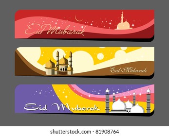 set of three eid mubarak colorful headers