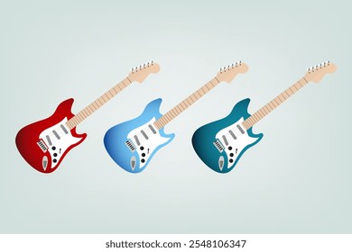 Conjunto de tres guitarras eléctricas Vector, ilustración sobre fondo aislado en azul. tres colecciones de rock metral guitarras icono rojo sobre fondo azul claro.