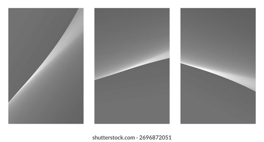 Conjunto de três fundos cinza abstrato elegante com linhas onduladas brancas dinâmicas, perfeito para projetos digitais modernos, apresentações ou arte minimalista.