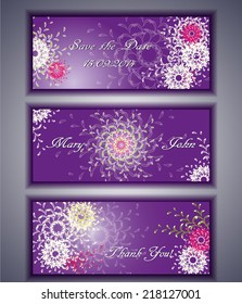Set of three elegant banners with violet floral motives, great as invitations, postcards, thank you or save the day cards, may be used as labels or tags. 