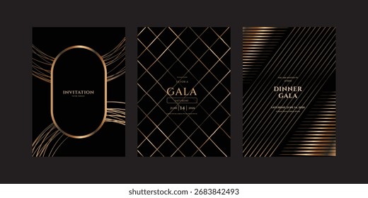 Conjunto de tres elegantes Plantillas de invitación en negro y oro para una cena de gala, con diseños abstractos y tipografía de lujo.