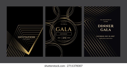 Conjunto de tres elegantes Plantillas de invitación de gala en negro y oro con líneas geométricas y círculos, aptas para un lujoso evento el 25 de diciembre de 2027. Números visibles: 25, 2027.