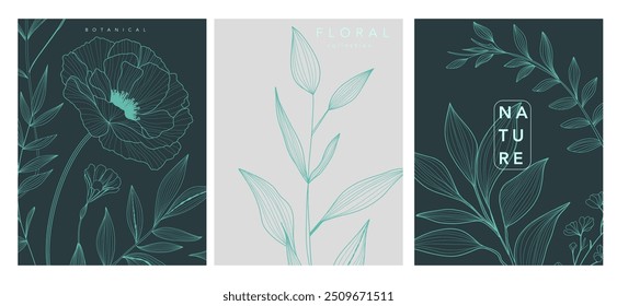 Set of three elegant botanical posters featuring teal line art of flowers and leaves on dark and light backgrounds. Perfect for wall art, invitations, or nature themed designs. 