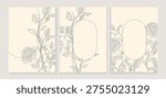 A set of three elegant botanical templates with delicate hand-drawn floral illustrations. Each design features intricate rose and leaf patterns in a monochromatic grey tone on a soft off-white background. Two of the templates include a central oval frame, perfect for adding text, logos, or images, while the third showcases a flowing vine composition with a subtle curved line. The minimalist yet sophisticated style makes these templates ideal for wedding invitations, event cards, branding materials, social media posts, or decorative headers. The natural motifs and clean lines evoke a sense of timeless elegance, suitable for both romantic and professional projects.