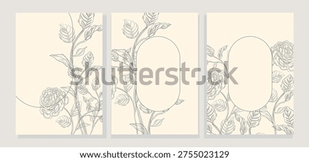 A set of three elegant botanical templates with delicate hand-drawn floral illustrations. Each design features intricate rose and leaf patterns in a monochromatic grey tone on a soft off-white background. Two of the templates include a central oval frame, perfect for adding text, logos, or images, while the third showcases a flowing vine composition with a subtle curved line. The minimalist yet sophisticated style makes these templates ideal for wedding invitations, event cards, branding materials, social media posts, or decorative headers. The natural motifs and clean lines evoke a sense of timeless elegance, suitable for both romantic and professional projects.