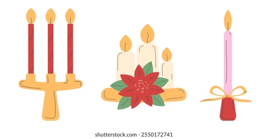 A set of three elegant Christmas candles with festive accents for winter designs, seasonal decorations, and cozy holiday projects