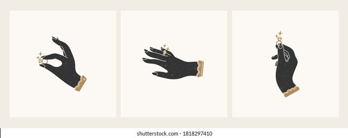 Set of three Elegant Female hands holding and showing the Rings with a sparkling Diamonds. Wedding, jewelry, engagement concept. Hand drawn trendy colored Vector illustration. Isolated cards