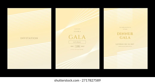 Set of three elegant gala dinner invitation templates for December 25, 2027. Modern, minimalist design with abstract gold lines for a luxury corporate event or celebration.
