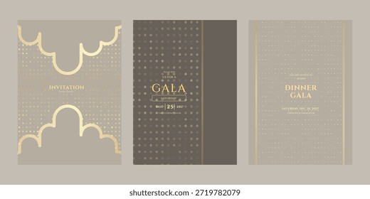 Set of three elegant gala and dinner invitation templates for Saturday, December 25, 2027. Luxury design with gold geometric patterns and modern Art Deco style.