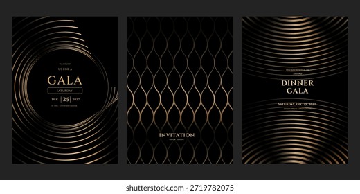 Conjunto de três modelos elegantes de cartão de convite gala. Design de luxo com linhas de ouro abstratas em um fundo preto para um evento premium. Inclui data 25, 2027.