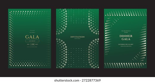 Conjunto de tres elegantes Plantillas de tarjeta de invitación de gala. Con un lujoso diseño verde y dorado con modernos patrones de puntos de semitono. Ideal para cenas formales, eventos corporativos y fiestas navideñas.
