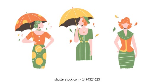 Set of three elegant girls. Stylish autumn ladies with umbrellas, framed by leaves. Vector illustration.