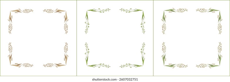Set of three elegant green and brown ornamental frame with cereal spikelets, oat ears, grass seeds, decorative border. Isolated vector illustration.	
