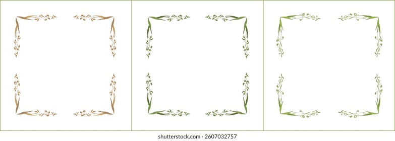 Set of three elegant green and brown ornamental frame with cereal spikelets, oat ears, grass seeds, decorative border. Isolated vector illustration.	
