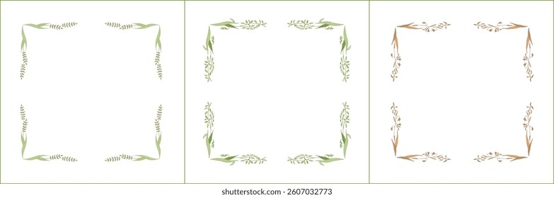 Set of three elegant green and brown ornamental frame with cereal spikelets, oat ears, grass seeds, decorative border. Isolated vector illustration.	
