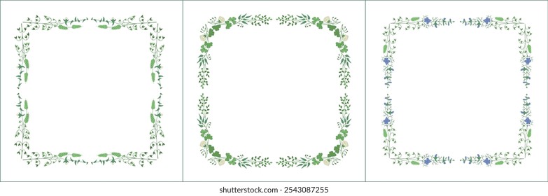 Set of three elegant green vegetal ornamental frame with flowers, decorative border, corners for greeting cards, banners, business cards, invitations, menus. Isolated vector illustration