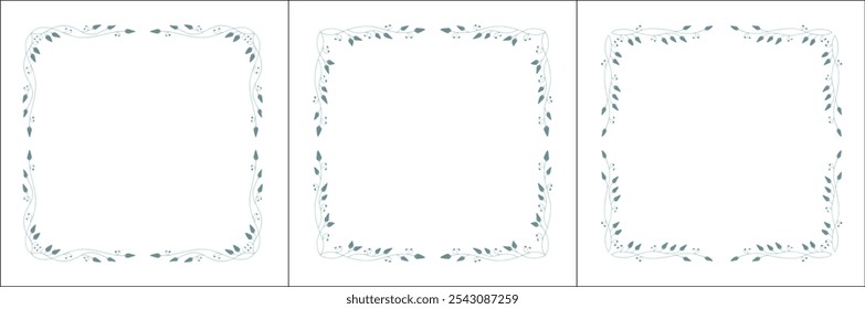 Set of three elegant green vegetal ornamental frame with leaves, decorative border, corners for greeting cards, banners, business cards, invitations, menus. Isolated vector illustration