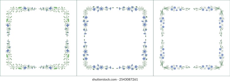 Set of three elegant green vegetal ornamental frame with blue flowers, decorative border, corners for greeting cards, banners, business cards, invitations, menus. Isolated vector illustration