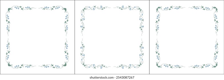 Set of three elegant green vegetal ornamental frame with bluebell flowers, decorative border, corners for greeting cards, banners, business cards, invitations, menus. Isolated vector illustration