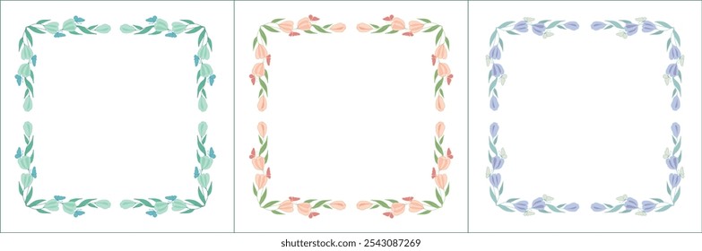 Set of three elegant green vegetal ornamental frame with tulip flowers, decorative border, corners for greeting cards, banners, business cards, invitations, menus. Isolated vector illustration