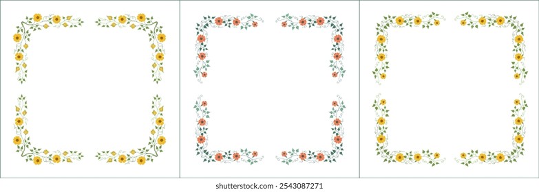 Set of three elegant green vegetal ornamental frame with thunbergia  flowers, decorative border, corners for greeting cards, banners, business cards, invitations, menus. Isolated vector illustration