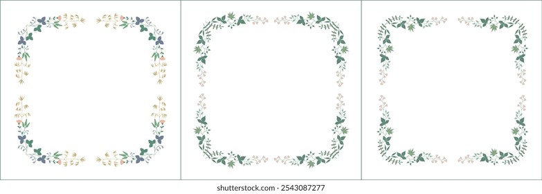 Set of three elegant green vegetal ornamental frame with flowers, decorative border, corners for greeting cards, banners, business cards, invitations, menus. Isolated vector illustration