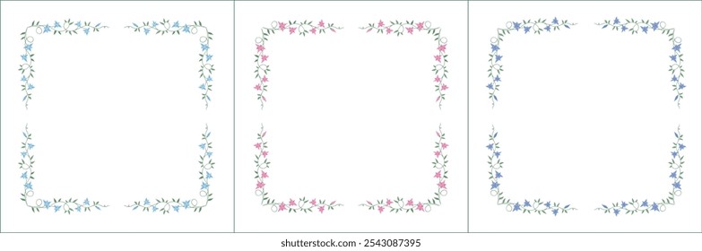 Set of three elegant green vegetal ornamental frame with pink and blue flowers, decorative border, corners for greeting cards, banners, business cards, invitations, menus. Isolated vector illustration