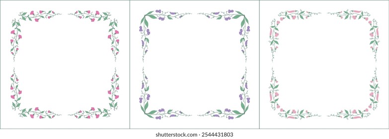 Set of three elegant green vegetal ornamental frame with pink and peas flowers, decorative border, corners for greeting cards. Isolated vector illustration