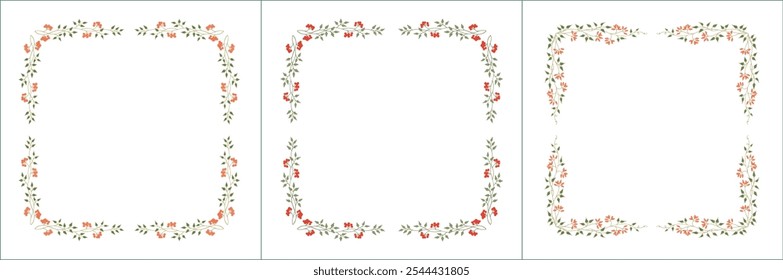 Set of three elegant green vegetal ornamental frame with berries, decorative border, corners for greeting cards, banners, business cards, invitations, menus. Isolated vector illustration