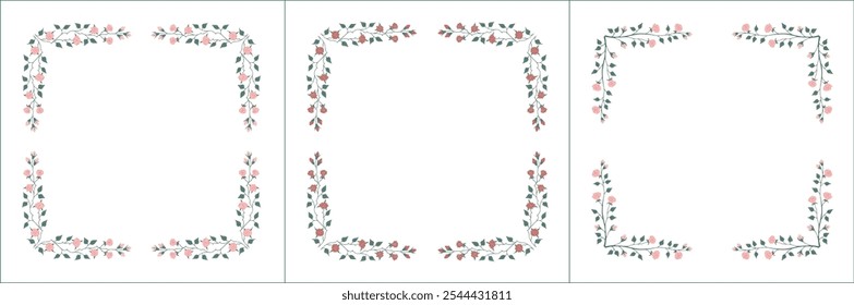 Set of three elegant green vegetal ornamental frame with roses, decorative border, corners for greeting cards, banners, business cards, invitations, menus. Isolated vector illustration