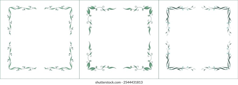 Set of three elegant green vegetal ornamental frame with light blue flowers, decorative border, corners for greeting cards, banners, business cards, invitations, menus. Isolated vector illustration