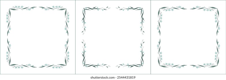 Set of three elegant green vegetal ornamental frame with light blue flowers, decorative border, corners for greeting cards, banners, business cards, invitations, menus. Isolated vector illustration