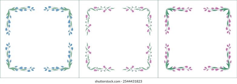 Set of three elegant green vegetal ornamental frame with pink and blue flowers, decorative border, corners. Isolated vector illustration