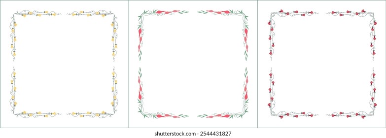 Set of three elegant green vegetal ornamental frame with pink and yellow flowers, decorative border. Isolated vector illustration