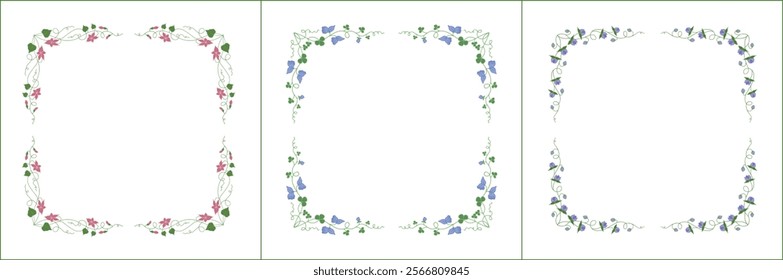 Set of three elegant green vegetal ornamental frame with blue and pink flowers, decorative border. Isolated vector illustration	
