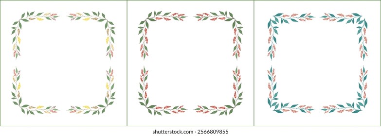 Set of three elegant green vegetal ornamental frame with red, orange and yellow flowers, decorative border. Isolated vector illustration	
