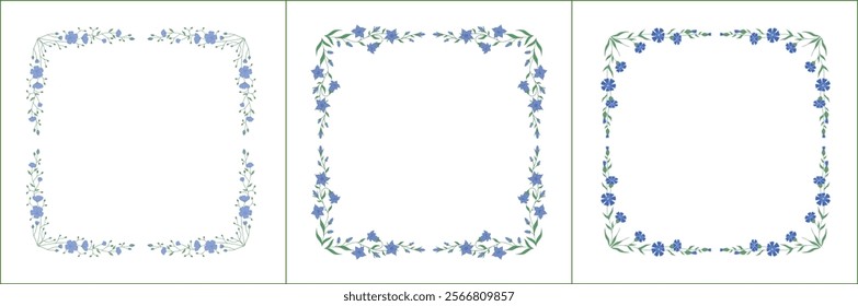 Set of three elegant green vegetal ornamental frame with blue flowers, decorative border. Isolated vector illustration	
